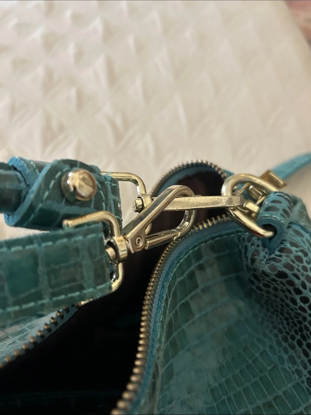 Teal Croc-Embossed Shoulder Bag with Gold Hardware